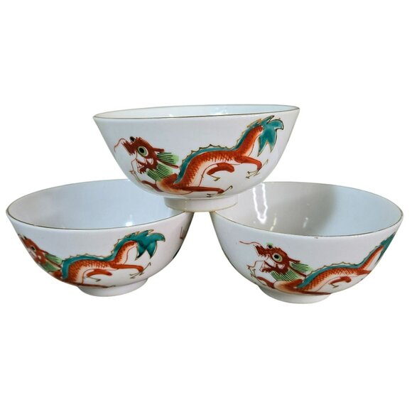 Lot (3) Vintage Red Dragon Chinese Restaurant Ware 4.5 Inch Bowls Soup Dessert - Picture 1 of 16